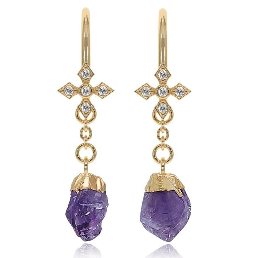 5382 Amethyst Earrings in Raw Stone Dangle Drop Shape - 18K Gold Vermeil